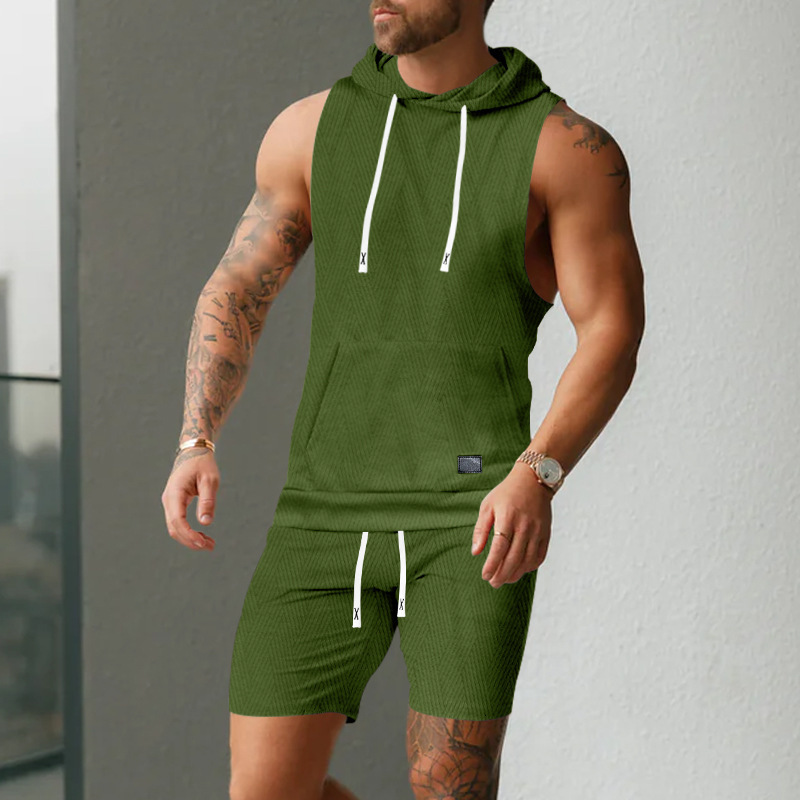 Designer men's sporty sleeveless solid color jacquard knitted hooded sleeveless European and American casual vest and shorts set