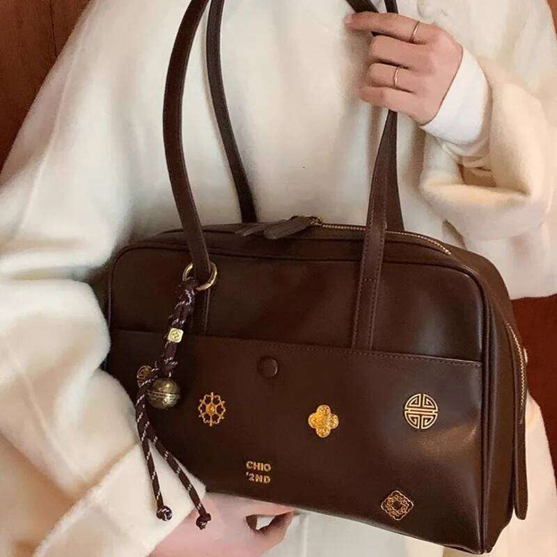 Retro Printed Pendant Boston Women's Shoulder Large Capacity PU Leather Lady Tote Underarm Outdoor Bag