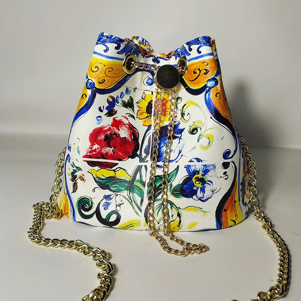 French Niche n Color Printed Bag Womens Summer Handheld Bucket Chain Crossbody Bag 250624