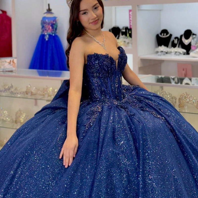 Navy Blue Shiny Quinceanera Dresses Ball Gown Applique Lace Beading Tull Bow Corset Sweet 16 Dress Vestidos De 15 Anos