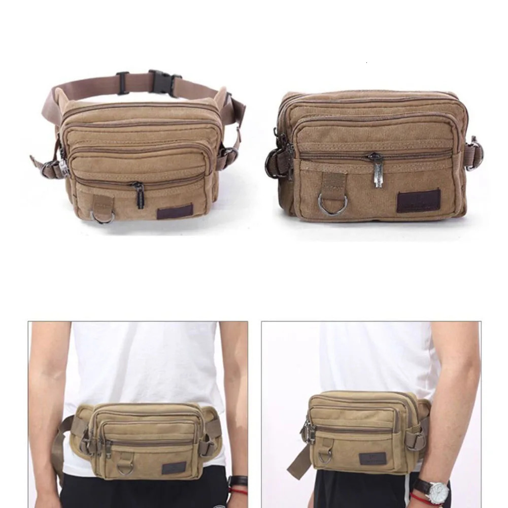 Men Travel Zipper Multi Pocket Belt Fanny Pack Vintage Canvas Large Waist Bag 250624