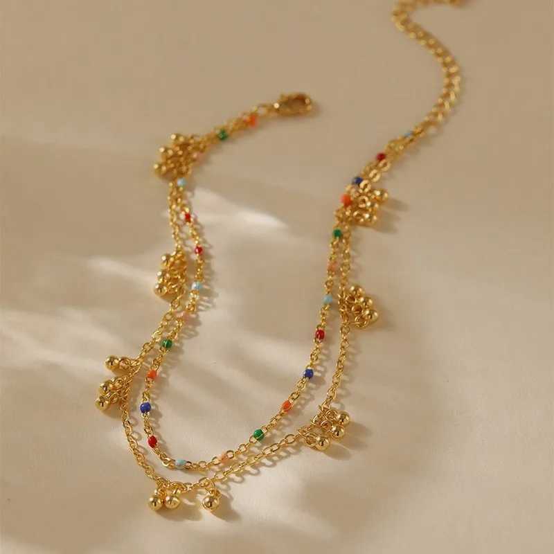 18K Gold Color Double Layer Small Beads Chain Anklet for Women Light Luxury Summer Boho Vacation Foot Chain Party Jewelry Gifts U250624