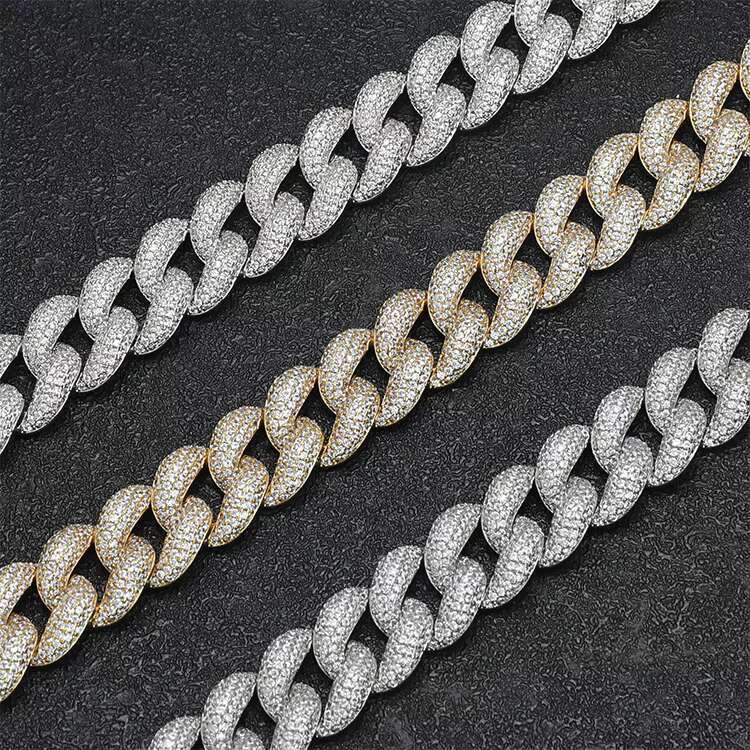 Mens New Fashion Cuban Link Chain Set Gold and Silver Plated Brass with CZ Zircon Stone Necklace