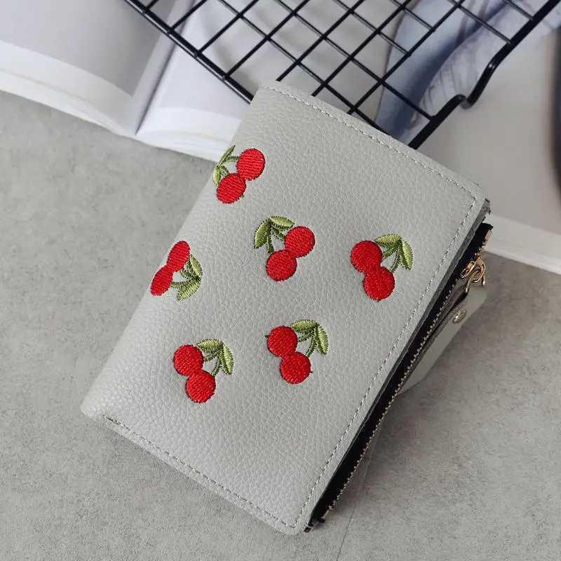 Women Vertical Buckle Cherry Embroidered Small Short Wallet Simple Wallet Girls Zipper Purse XJ250624