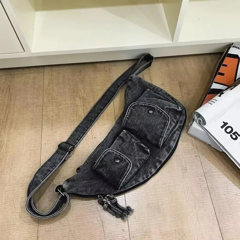 Denim Solid Color Product Waist Bag Zipper Neutral Style Simple Casual Chest Bag Soft Versatile Crossbody Bag 250623