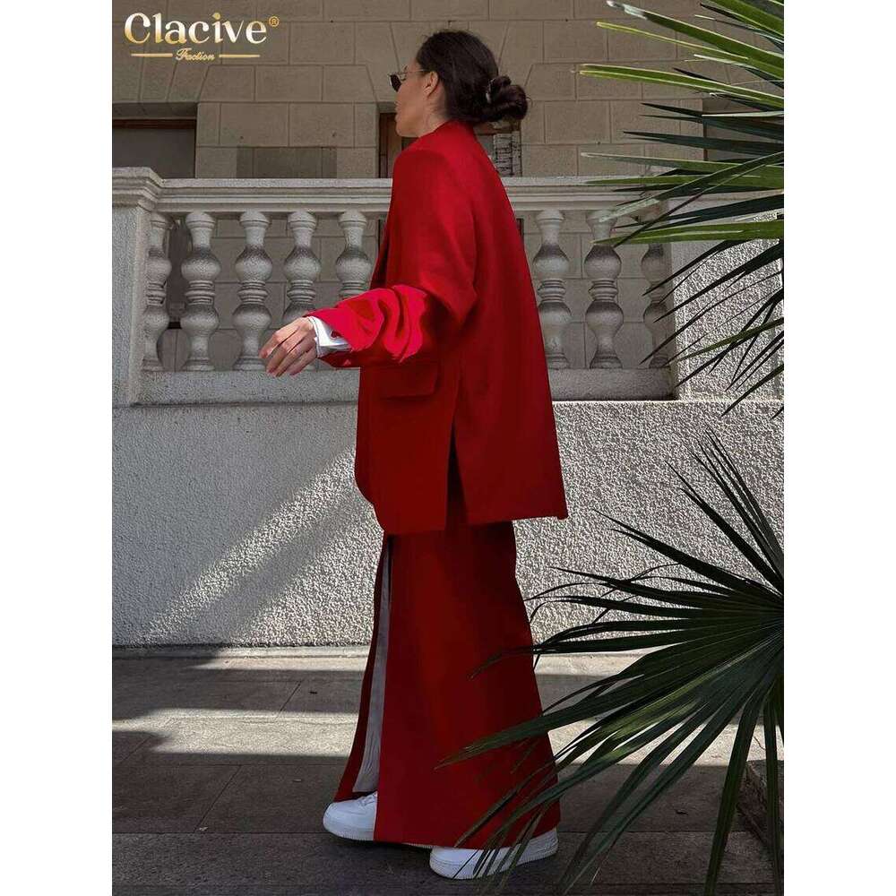 Clacive Fashion Loose Red Office Women's Two Pieces Elegant Sleeve Blazer With High Waist Slit Long Skirt Set Female