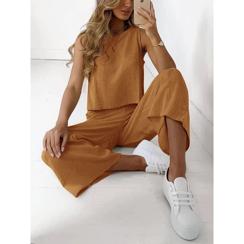 Casual Womens Clothing Suit O Neck Two Pieces Set Loose Sleeveless Solid Color Wide Leg Simple Comfortable for Famale Outdoor 250614