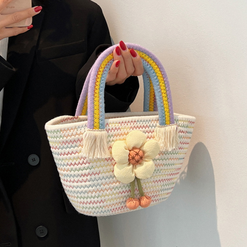 Free Shipping Wedding Birthday Straw Woven Bag Designer Bag New Rainbow Bag Luxury Cotton Rope Party Favor Handbag For Women