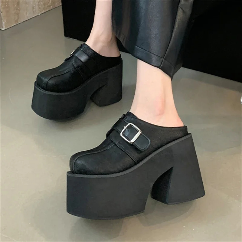 Eilyken n Style Chunky Platform Round Toe Women Slippers Fashion Belt Buckle Thick Bottom High Heels Mule Slide Shoes 250624