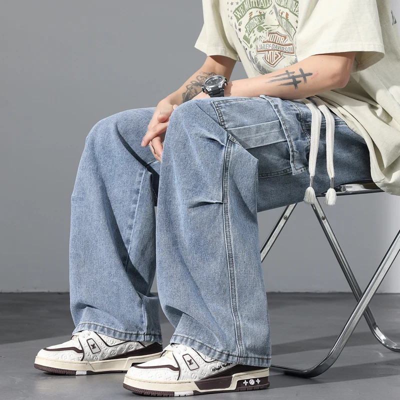 Large Pocket Baggy Jeans Mens 2025 Spring Classic Straight Denim Trousers Street Y2K Elastic Waist Casual Cargo Pants 250624