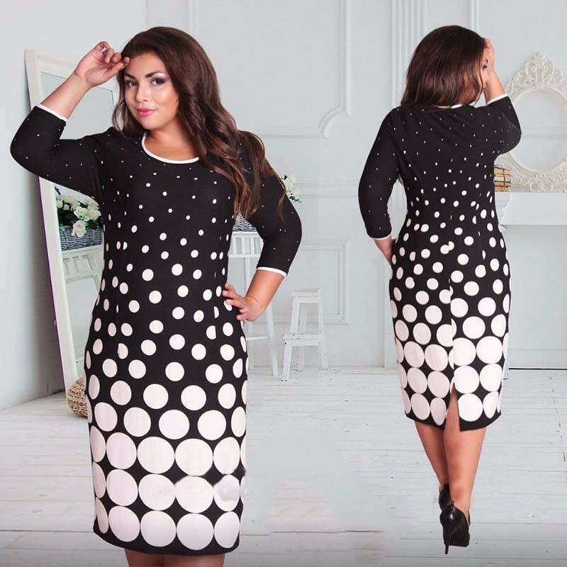 2019 Women's Clothing Round Neck Polka Dot Print Plus Size Dress B5