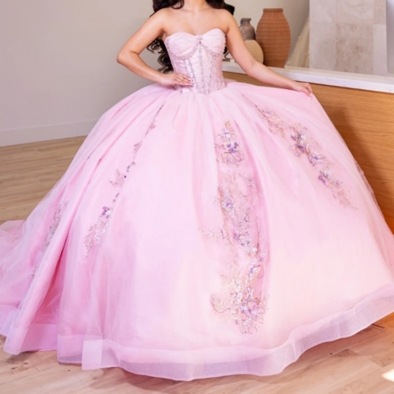 2025 Pink Shiny Quinceanera Dresses Ball Gown Lace Applique Beading Crystal Tull Mexico Corset Sweet 16 Dress Vestido De 15 Anos