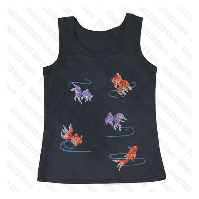 Y2k Abstract Goldfish Print Square Neck Personality Slim Fit Camisole Sexy Street Style Versatile Slimming Casual Tank Top B5
