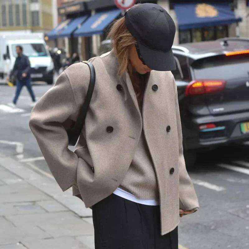 Women Casual Woolen Coats Retro Loose Double Breasted Stand Collar Short Jacket 2024 Autumn Winter Office Lady Street Outerwear