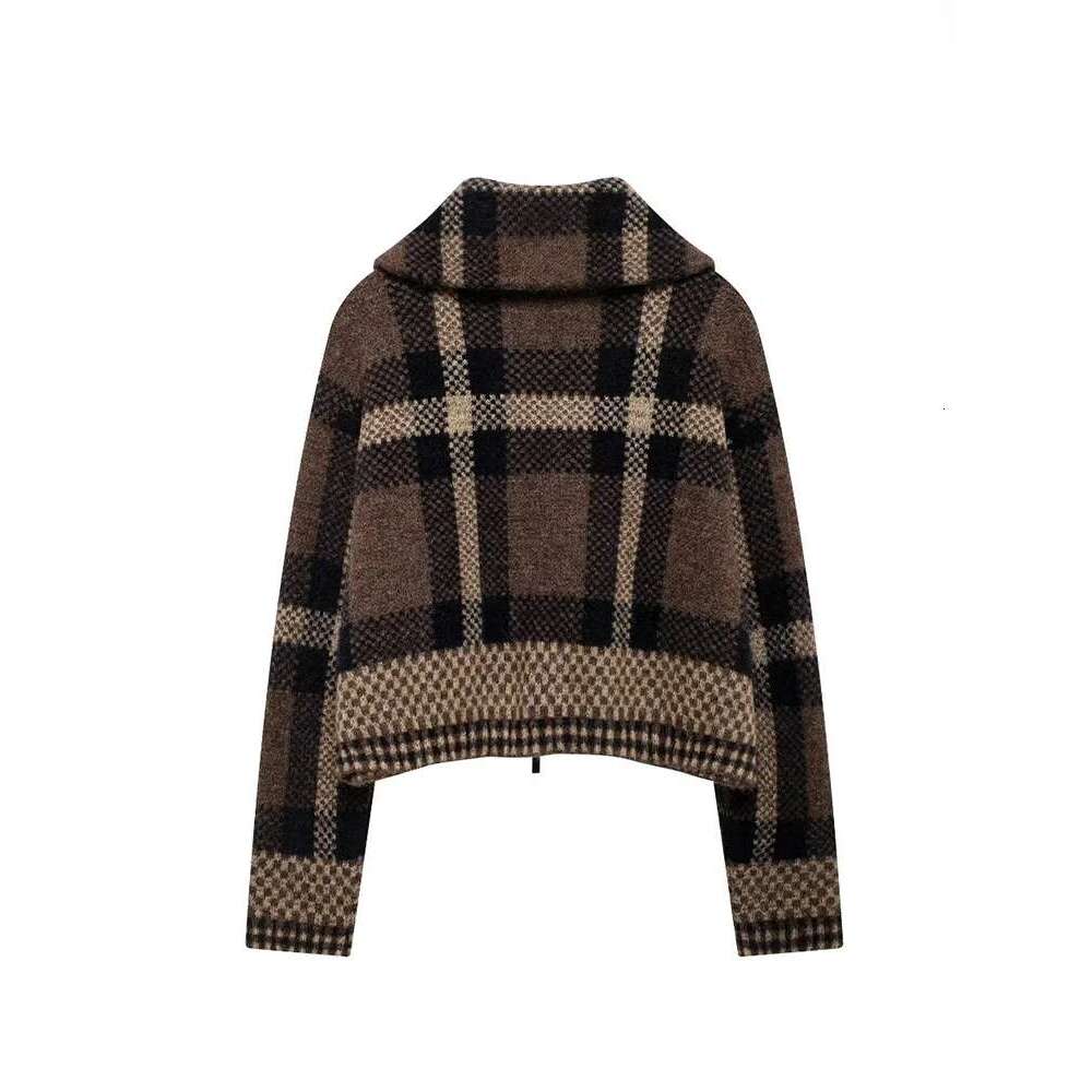 Women's Fashion Retro Style Plaid Knit Aviator Chic Lapel Front Zipper Pockets Elegant Casual Thickened Warm Jacket