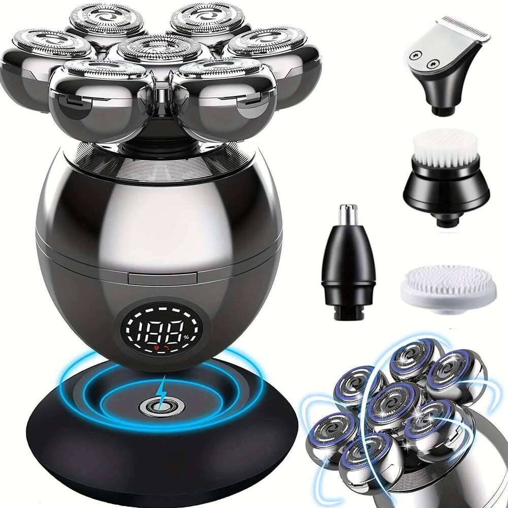 Detachable Head Shavers, LARGNER 5 In 1 Electric Razor Ipx7 Waterproof For Bald Men, Wet Dry LED Display Rechargeable 7D Rotary