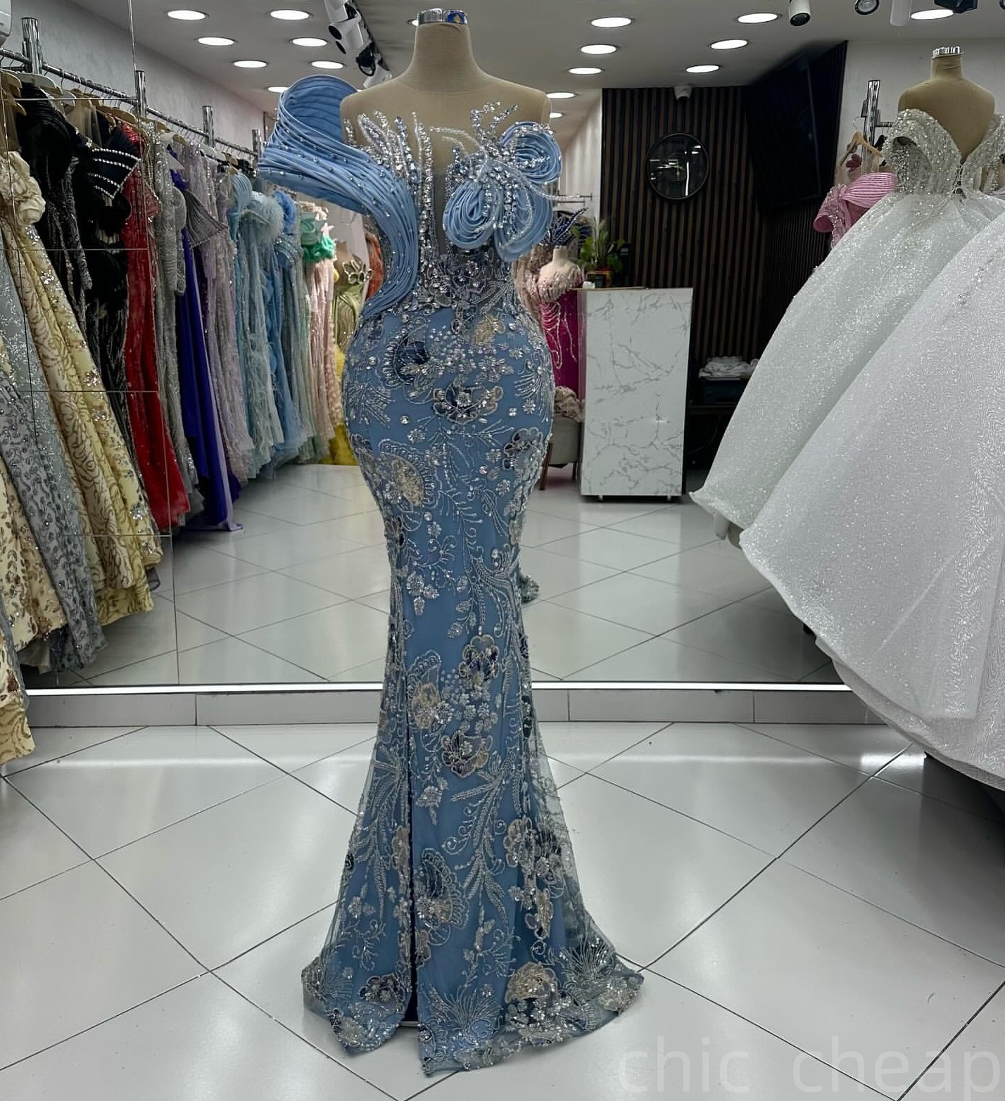 Sky Blue Mermaid Prom Dresses 2025 Rhinestones Floral Sequined Lace Evening Formal Party Second Birthday Engagement Gowns Plus Size Dress For Special 