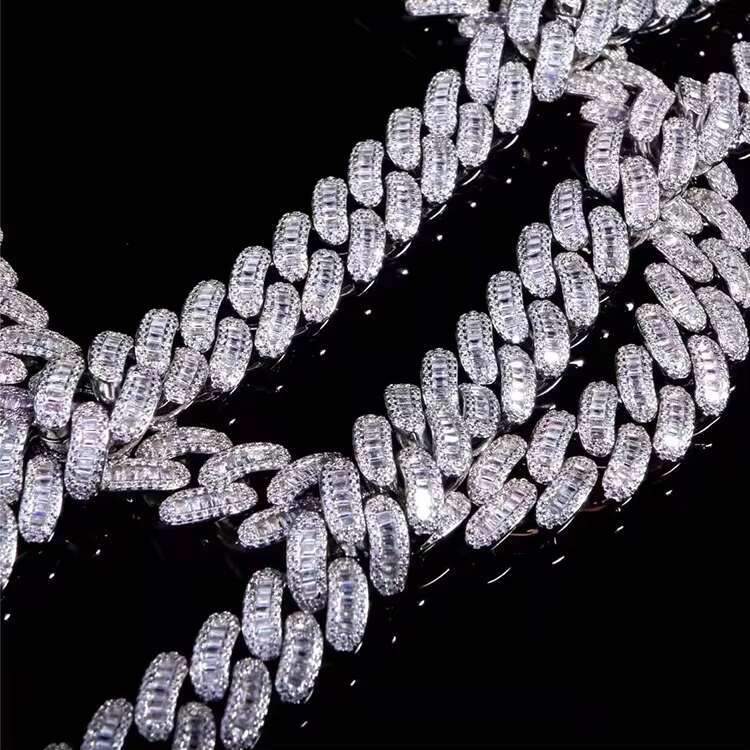 Fashion Design 19mm Wide 925 Silver GRA Baguettes Moissanite Diamond Cuban Link Chain for Mens Rapper Hip Hop Necklace