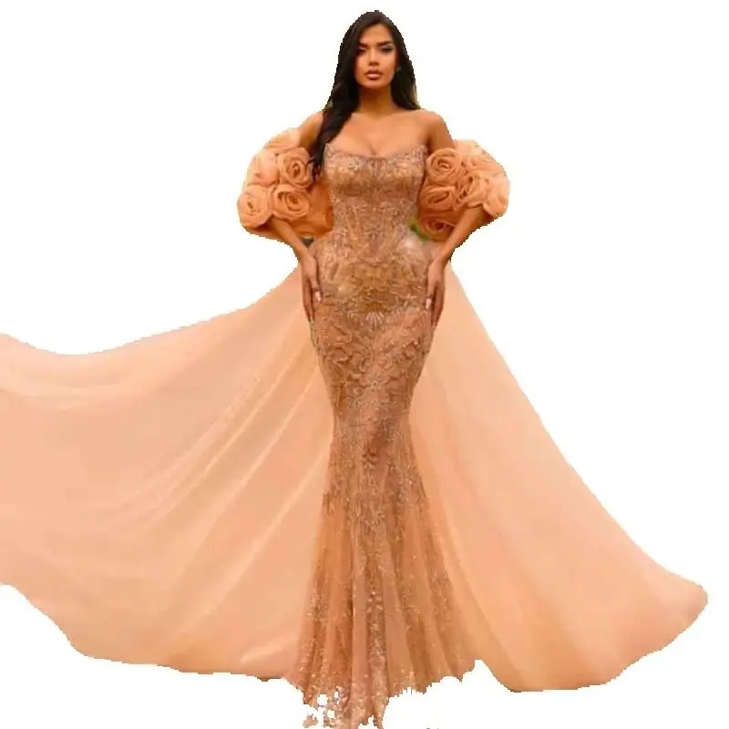 Elegant Strapless Mermaid Evening Dresses Fashion Beaded Crystal Lace Prom Dress Detachable Cape Ruffle Party Gown Customized