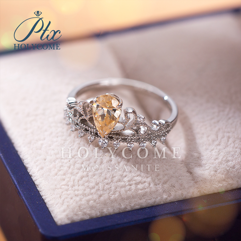 S925 Sterling Silver Women's Ring Elegant Ins Style Simple Champagne Pear Moissanite Diamond Hot Selling Fashion Jewelry Gemstone Ring