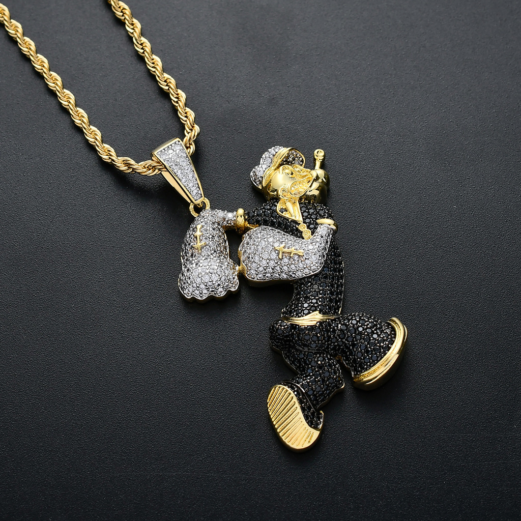 Men Necklace Popeye Pendant Iced Out Real Gold Plated Hip Hop Necklace Rap Moissanite Accessory Pass the diamond tester