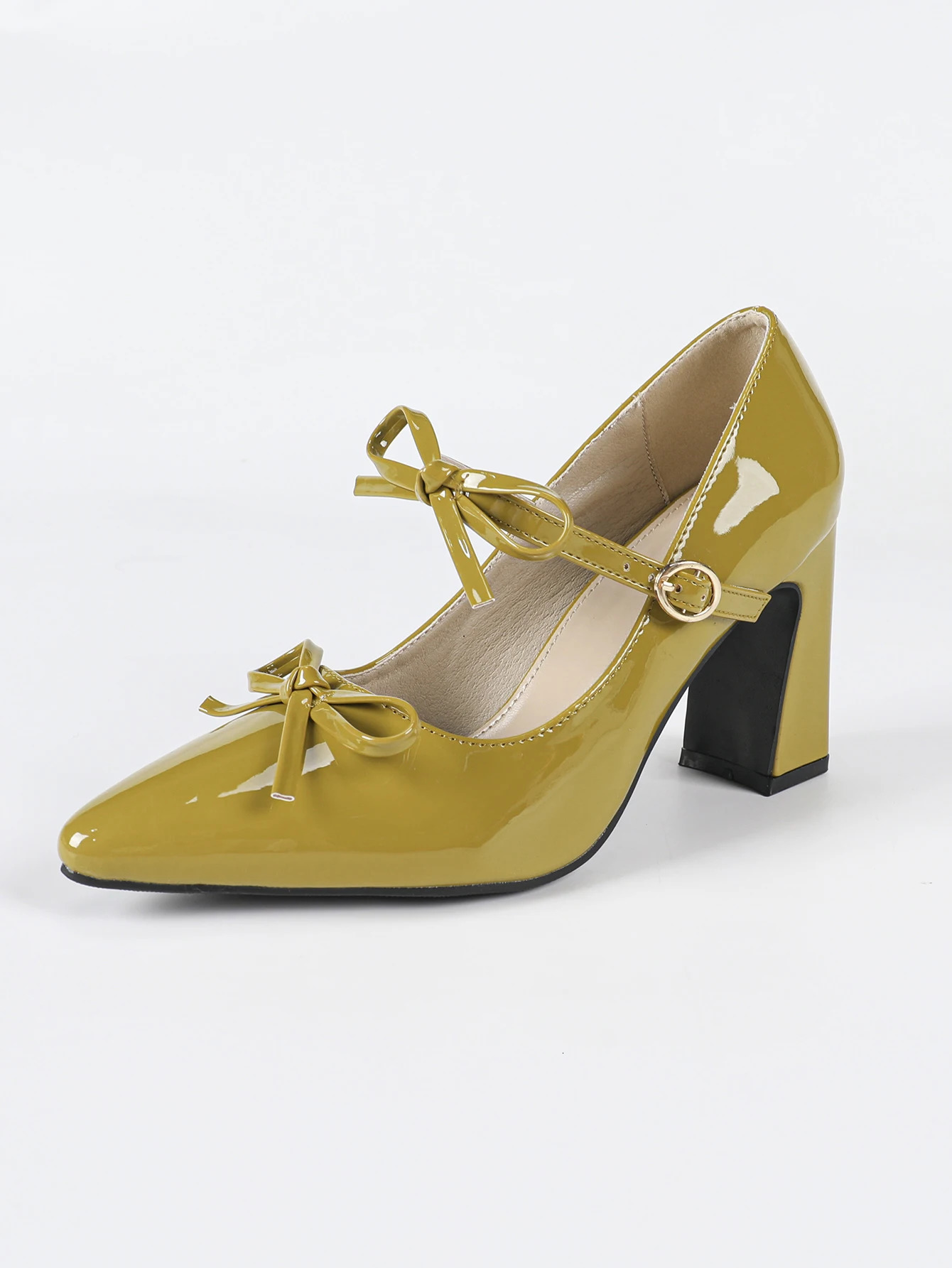wide Fit SpringSummer single shoes French pointedtoe bow Mary Jane womens mustard green lacquered thick heel buckle 250624