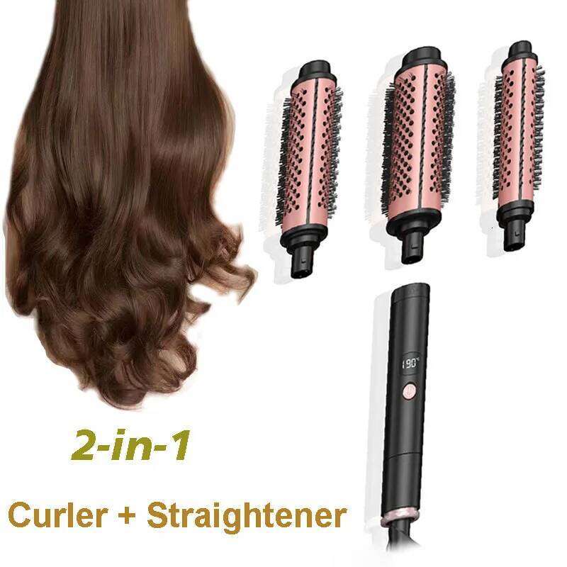 3-in-1 Heated Brush Ionic Curler Straightener with Anti-Scald Electric Curl Wand Curling Iron Hair Styling Tools N