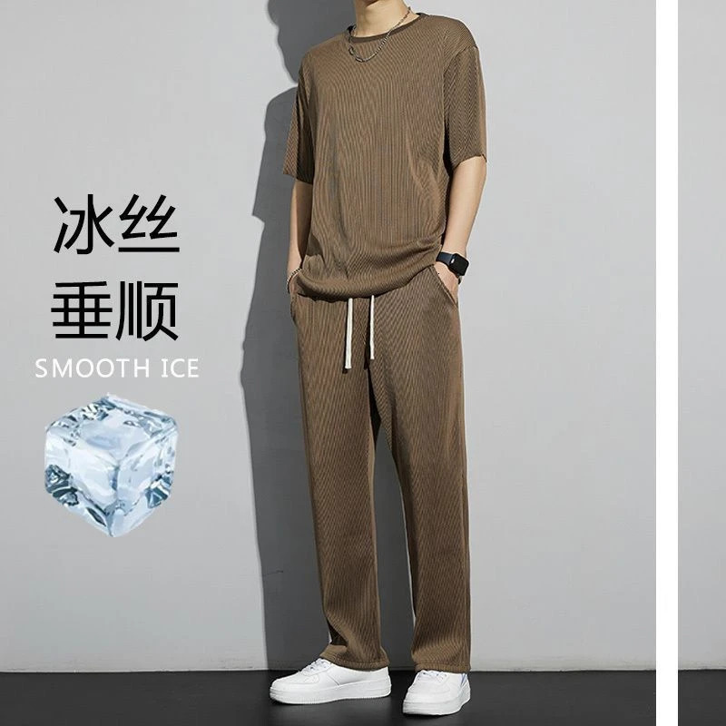 Ice Silk Sports Suit Mens Summer Thin Casual Long Trousers Short-sleeved T-shirt Ins Quick-drying Drooping Clothes Set 250617