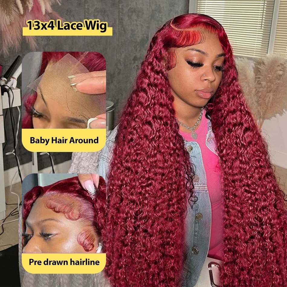 Burgundy Human Frontal HD Lace Wig 13x4 Human Hair 99J Curly Deep Wave Red Lace Front Human Hair Wigs For Women 250 Density Synthetic