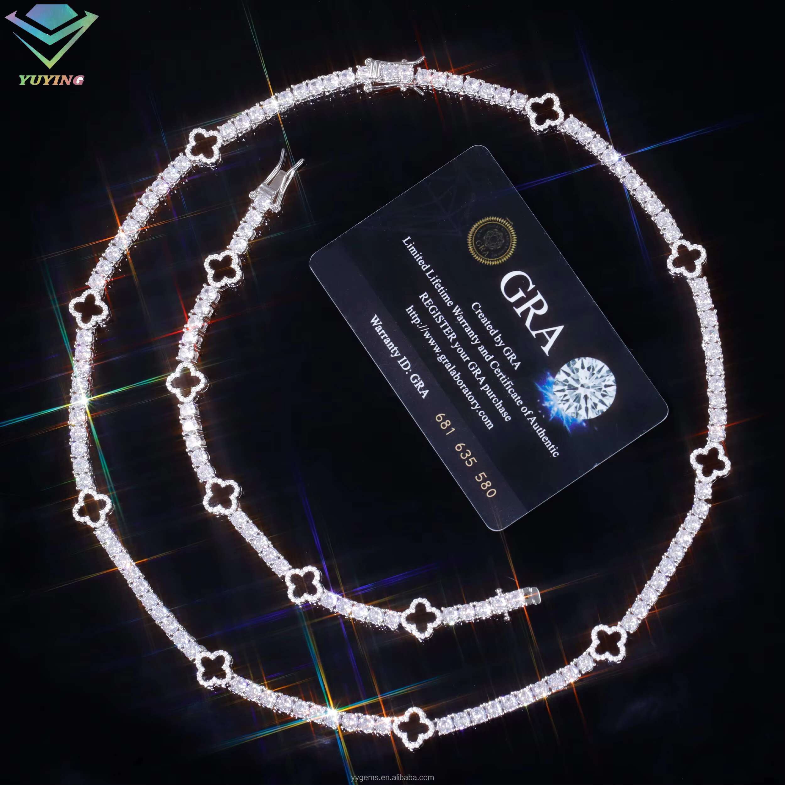 Yu Ying Design 925 Sterling Silver VVS Mossanite Diamond With Four Leaf Clover Black Agate Necklace Moissanite Tennis Chain