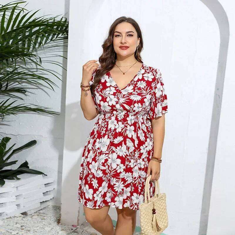Women's XL-4XL Plus Size Hot selling oversized geometric pattern printed dress casual loose V-neck midi skirt