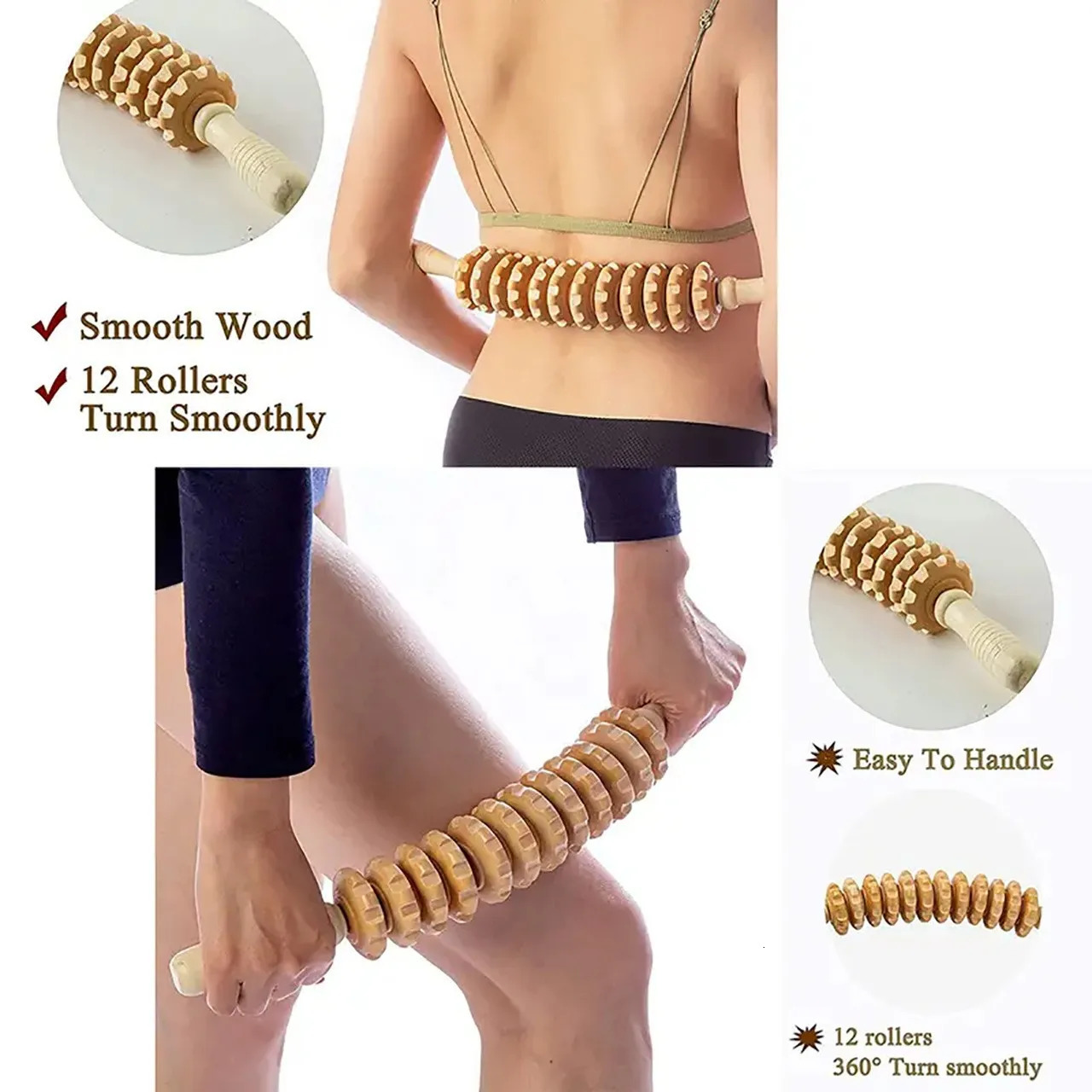 Body Fascia Massager Antislip Handle Wood Grooved Gear Arms Legs Thighs Buttocks Smooth Roller Massager for Back Relaxation 250619