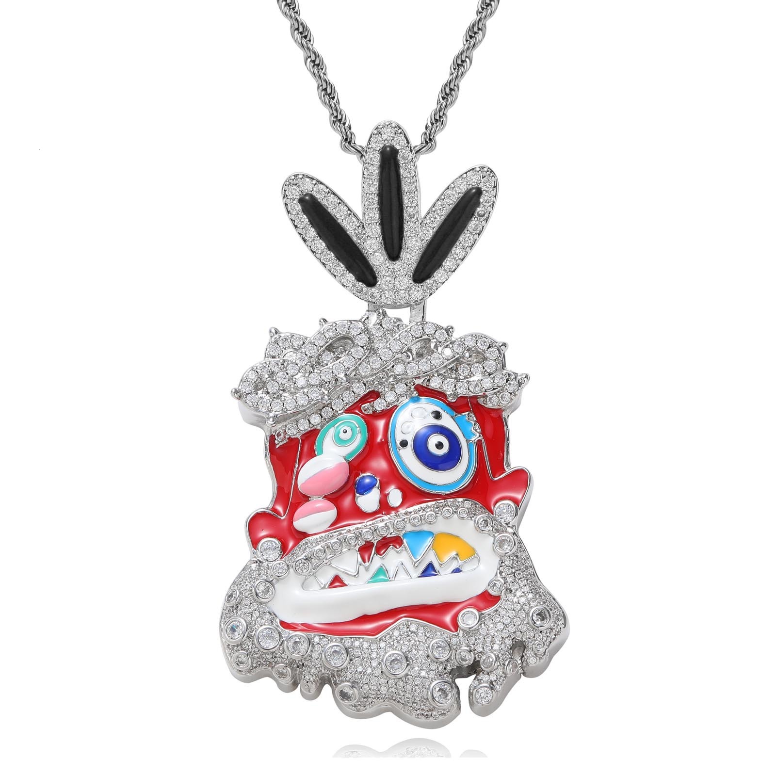 3D Iced Out Bling Cartoon Head Hip Hop Enamel Inlay Trendy Creative Statement Unisex Necklace Pass the diamond tester