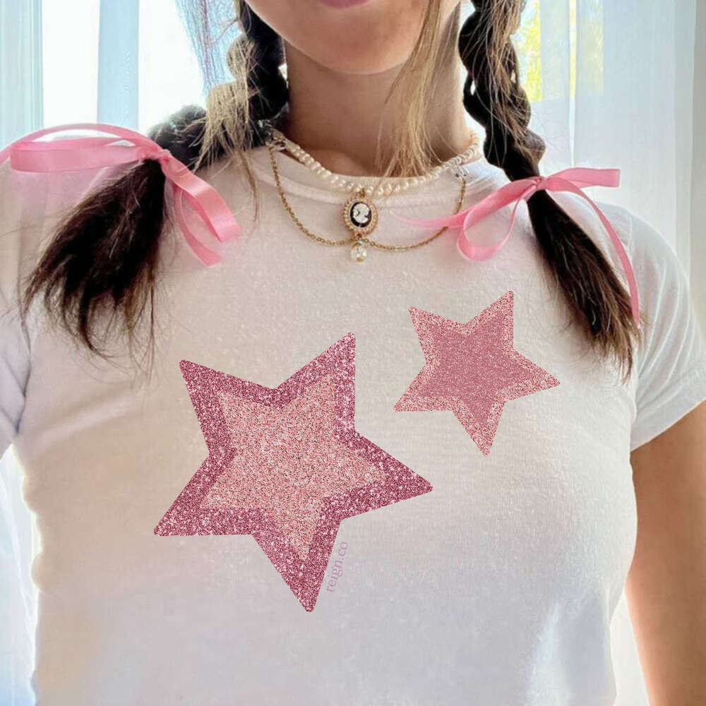 American Style Hot Girl Sleeve Women's Summer New Star Print Slim Fit T-Shirt High Short Top Trendy B5