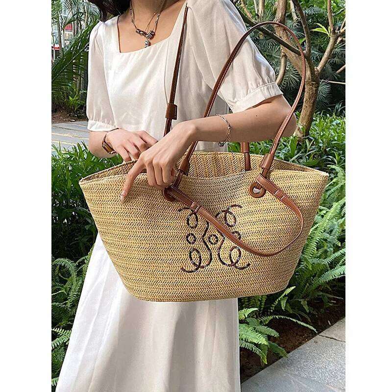 Bags Handheld Straw Woven For Women, Large Capacity Summer Vacation Travel Bucket Commuting Tote Bag, Shopper Bag