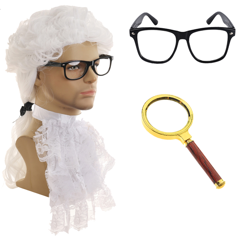 Judge Lawyer Long White Judge Curly Hair and Gray Marble Head Wig Synthetic Role Play Wig Women's Costume Wigs Judge Gavel Hammer Eyeglasses Acce