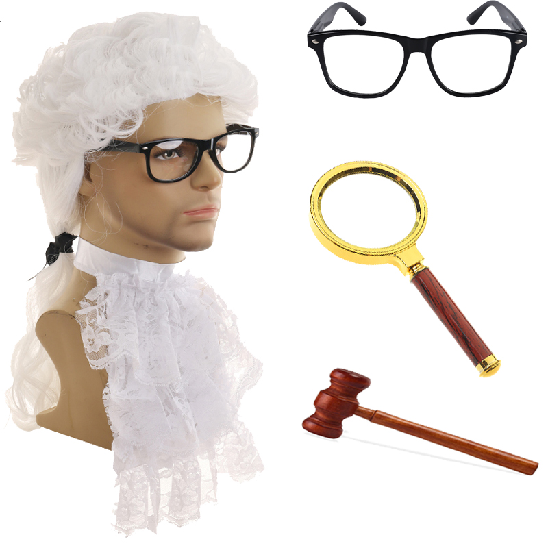 Judge Lawyer Long White Judge Curly Hair and Gray Marble Head Wig Synthetic Role Play Wig Women's Costume Wigs Judge Gavel Hammer Eyeglasses Acce