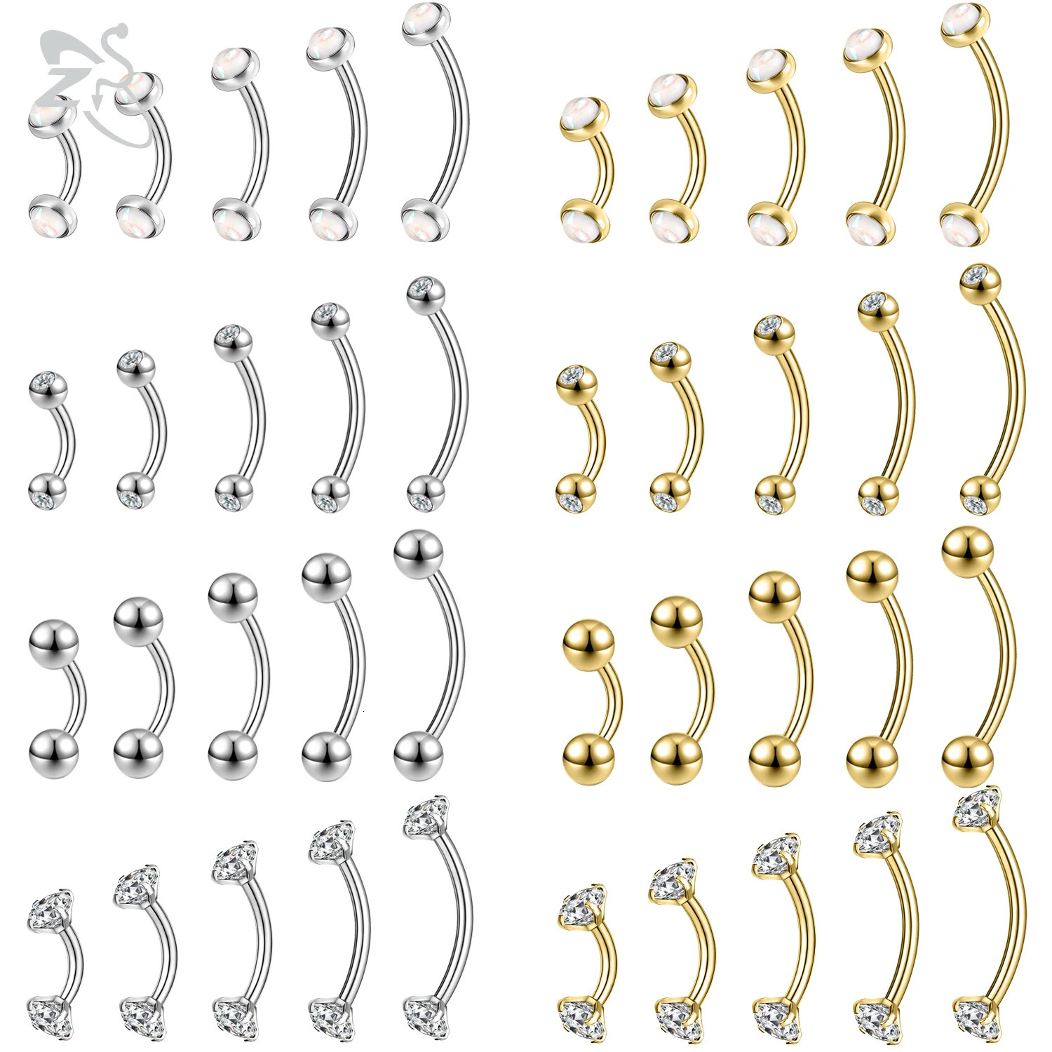 ZS 1PC 14G Stainless Steel Opal Eyebrow Ring Curved Barbell Cartilage Earring Crystal Labret Piercing 68101214mm Jewelry 250613