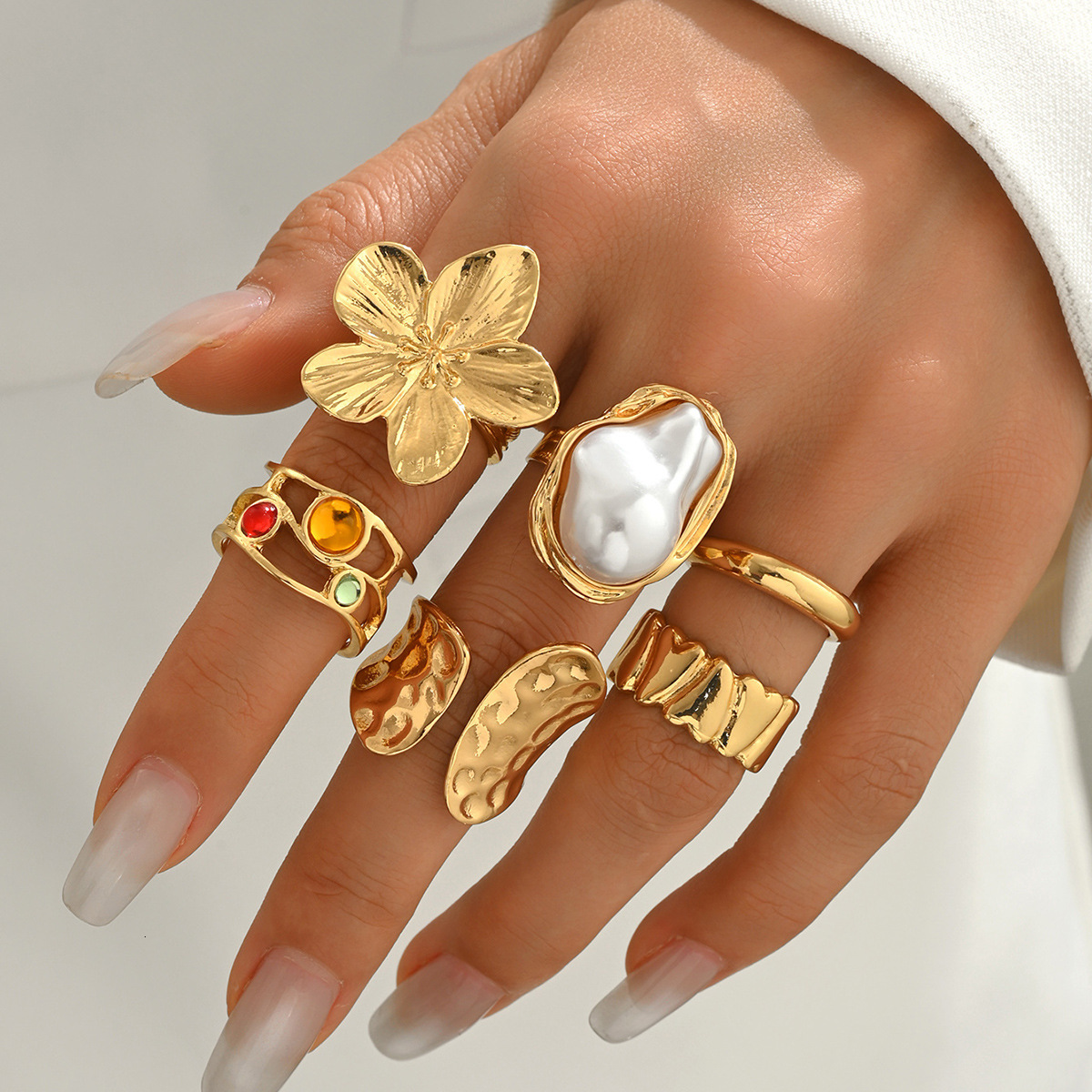 Xiyin Women's Set Floral Inlaid Irregular Pearl Design Open Finger Ring