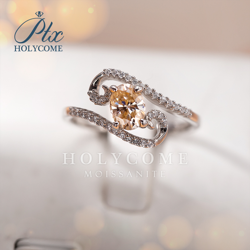 Elegant Oval Champagne Moissanite Rings Women Full Paved Dazzling 1ct Diamond 925 Sterling Silver Lady Rings Wedding Jewelry for Gift