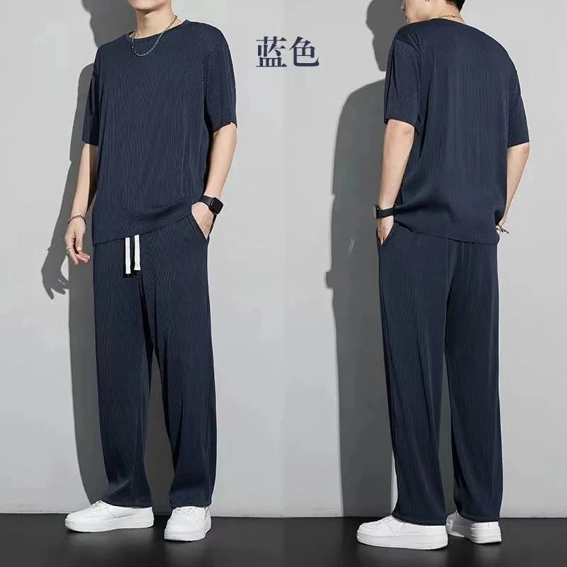 Ice Silk Sports Suit Mens Summer Thin Casual Long Trousers Short-sleeved T-shirt Ins Quick-drying Drooping Clothes Set 250617
