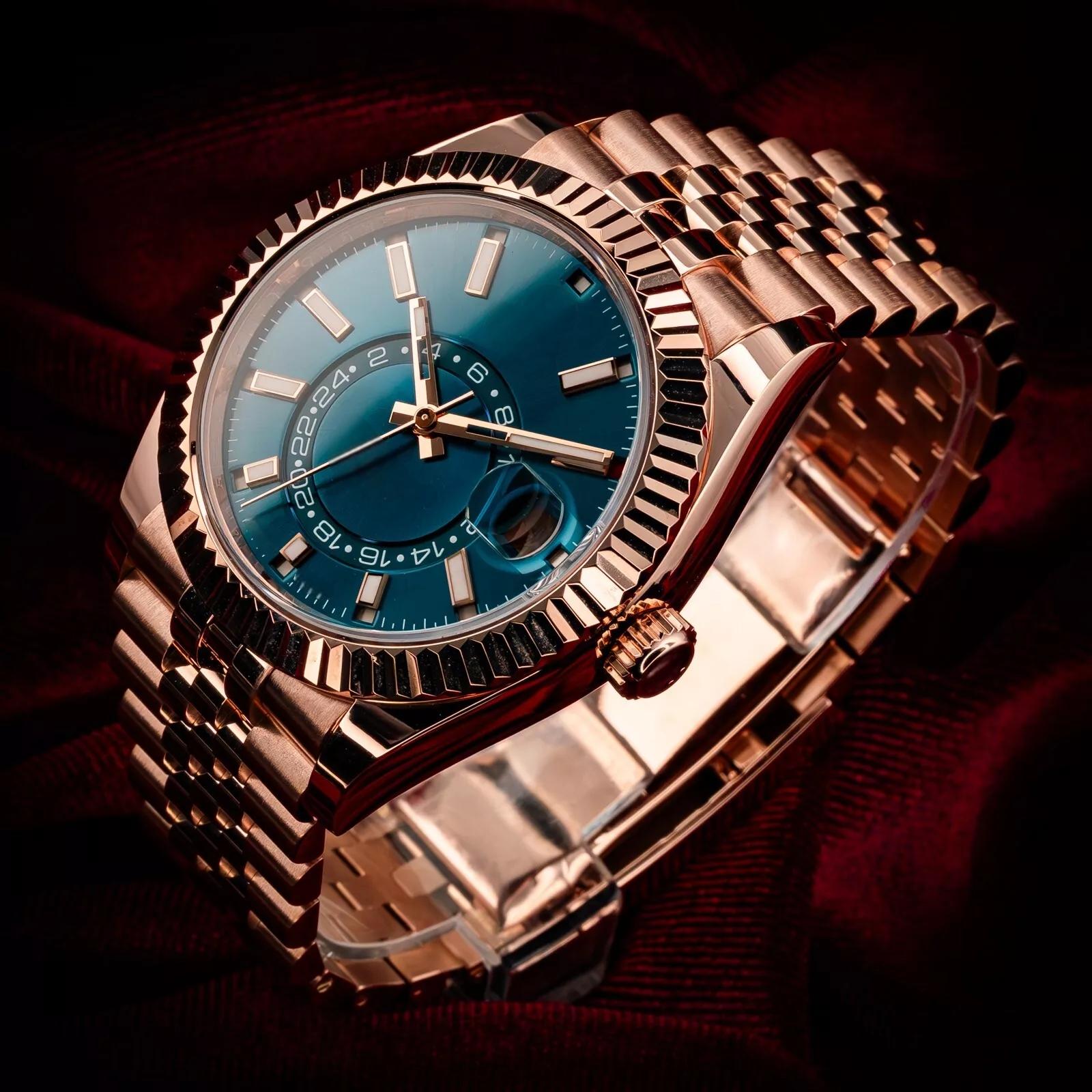 Brand Rol Mens Watch Movement Sky-Dweller Blue Dial Rose Gold Sunburst 42mm Jubilee Fluted Sky - 336935 Automatic Waterproof sapphire Wristwatches