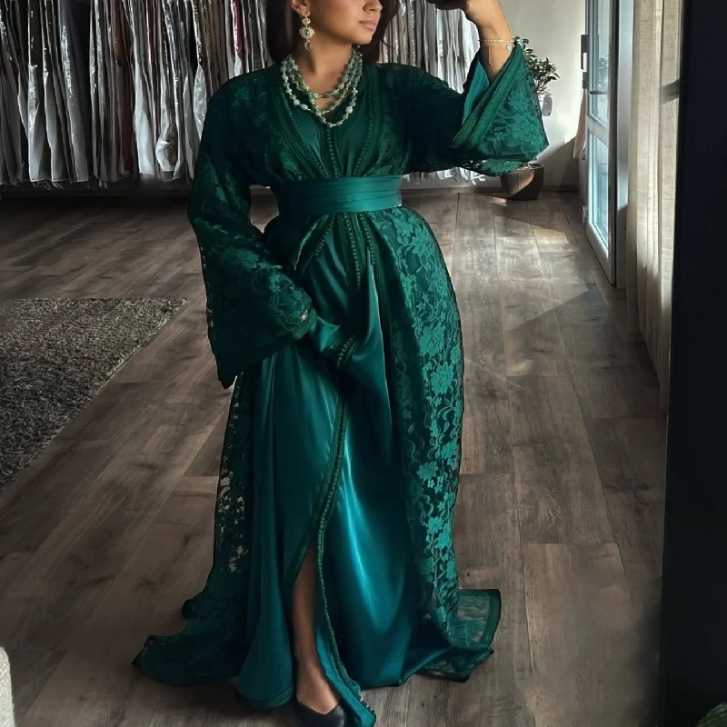 Takchita Moroccan Kaftan Evening Dress Lace Long Sleeve Turkish Prom Dresses 2025 Elegant Formal Occasion Birthday Vestio De Novias Dubai Robe De Mari