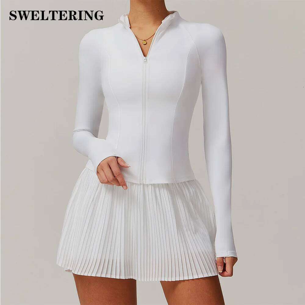 Yoga Workout Sets for Women 2 Pieces Gym Suits Long Sleeved Outfits Zipper Fiess Jacket Running Short Skirt Sportswear