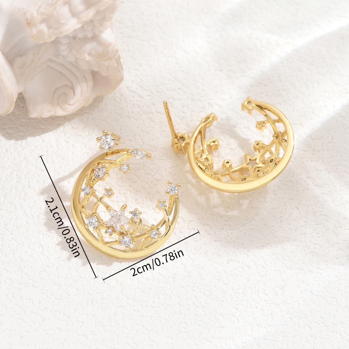 Minimalist Korean Style Fresh Sweet For Women, Crescent Moon Five-Pointed Star Zircon Inlaid Design Stud Earrings