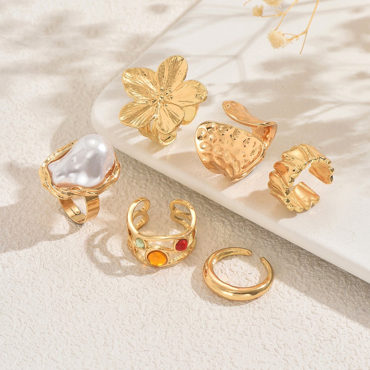 Xiyin Women's Set Floral Inlaid Irregular Pearl Design Open Finger Ring