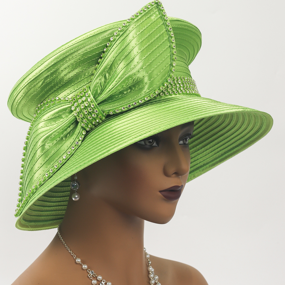 Elegant Lime Green Church Hat for Women - Wide Brim Satin Derby Hat with Crystal Trim for Wedding, Tea Party, and Sunday Service