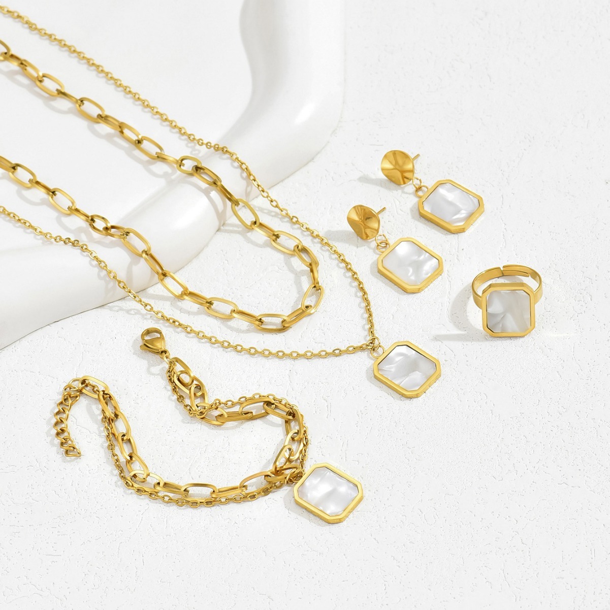 Light Bracelet Necklace Earrings Jewelry Personality Inlaid Shell Design Index Finger Ring Double Layer Clavicle Chain