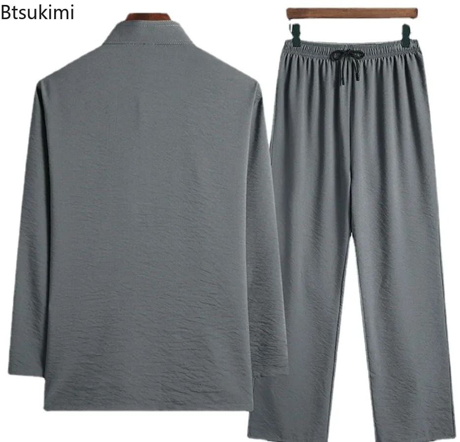 Traditional Chinese Style Men Ice Silk Two Pieces Spring Summer Thin Stand Collar Tops Pants Hanfu Tang Suit Man Embroidery Sets 250617