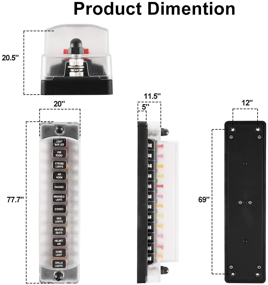 6 Way 12 Way Fuse Block Blade Fuse Box with Negative Bus, Waterproof Protection Cover Sticker Labels for 12V/24V Automotive Car Truck Boat Marine RV